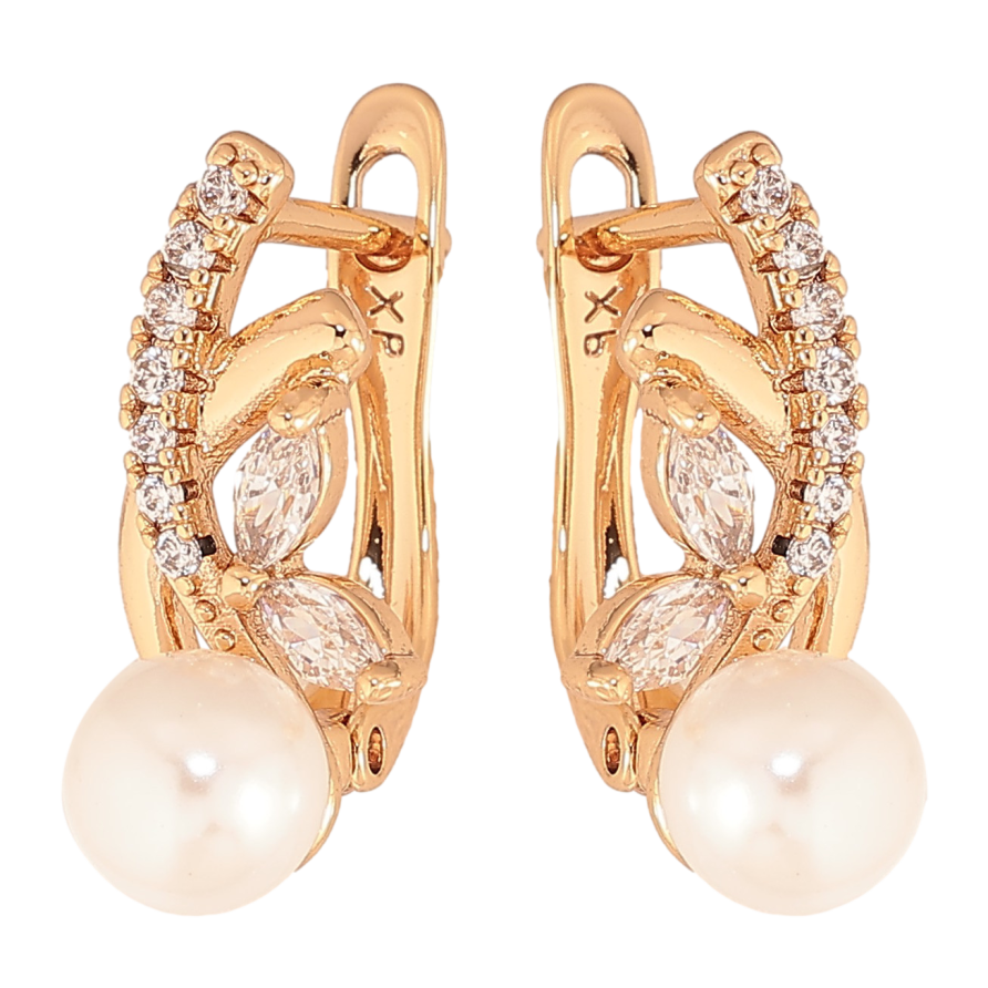 Серьги Xuping цвет Позолота 18K английский замок "Узор с кристаллами и жемчужинами" фото №1