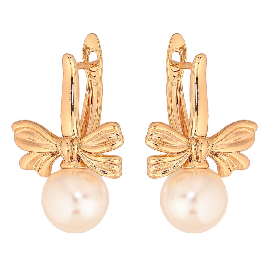 Серьги Xuping цвет Позолота 18К английский замок "Бантики с жемчужинами" фото №1 Серьги Xuping цвет Позолота 18К английский замок "Бантики с жемчужинами" фото №1