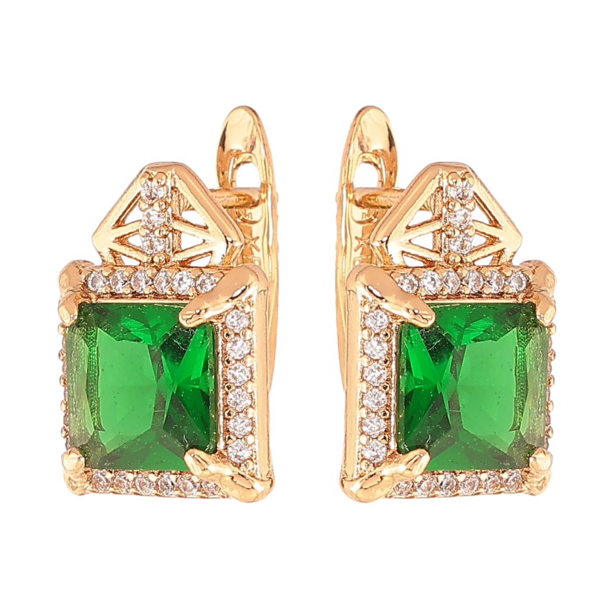 Сережки Xuping колір Позолота 18K англійський замок "Візерунок з зеленими кристалами" фото №1