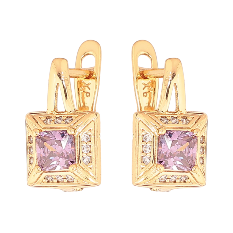 Серьги Xuping цвет Позолота 18K английский замок "Узор с сиреневыми кристаллами" фото №1