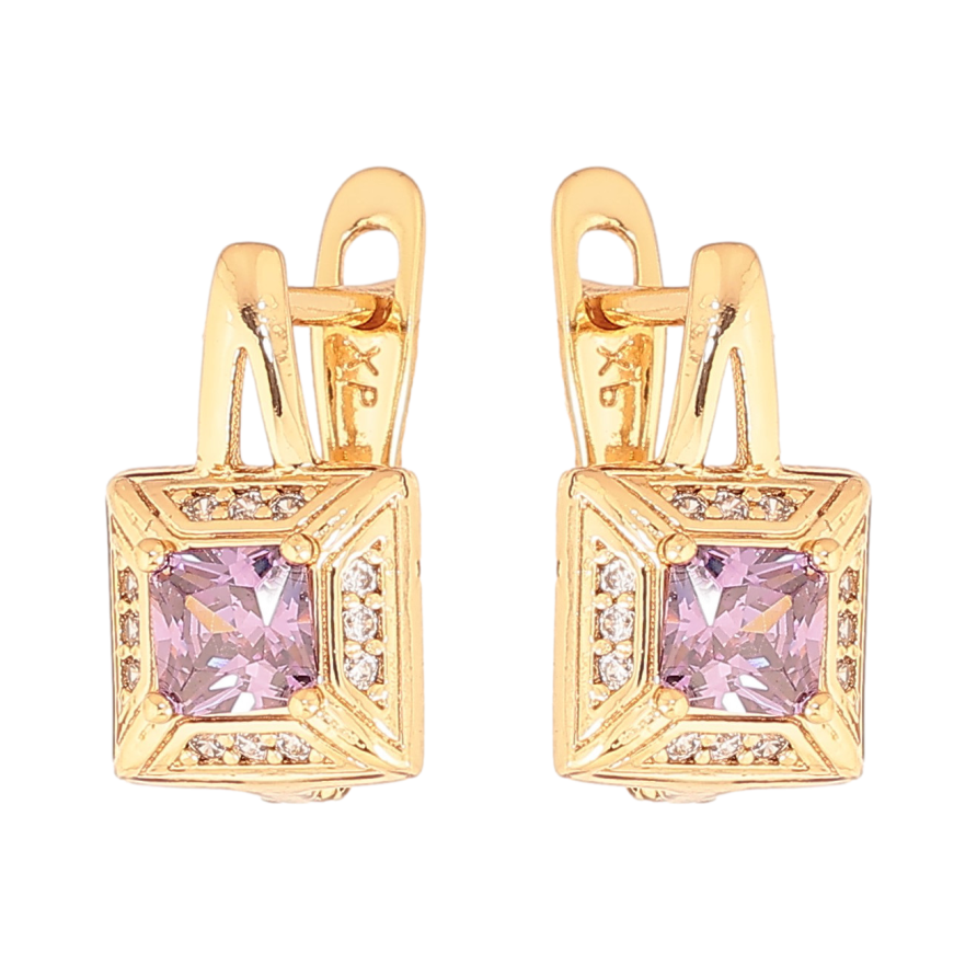 Серьги Xuping цвет Позолота 18K английский замок "Узор с сиреневыми кристаллами" фото №1