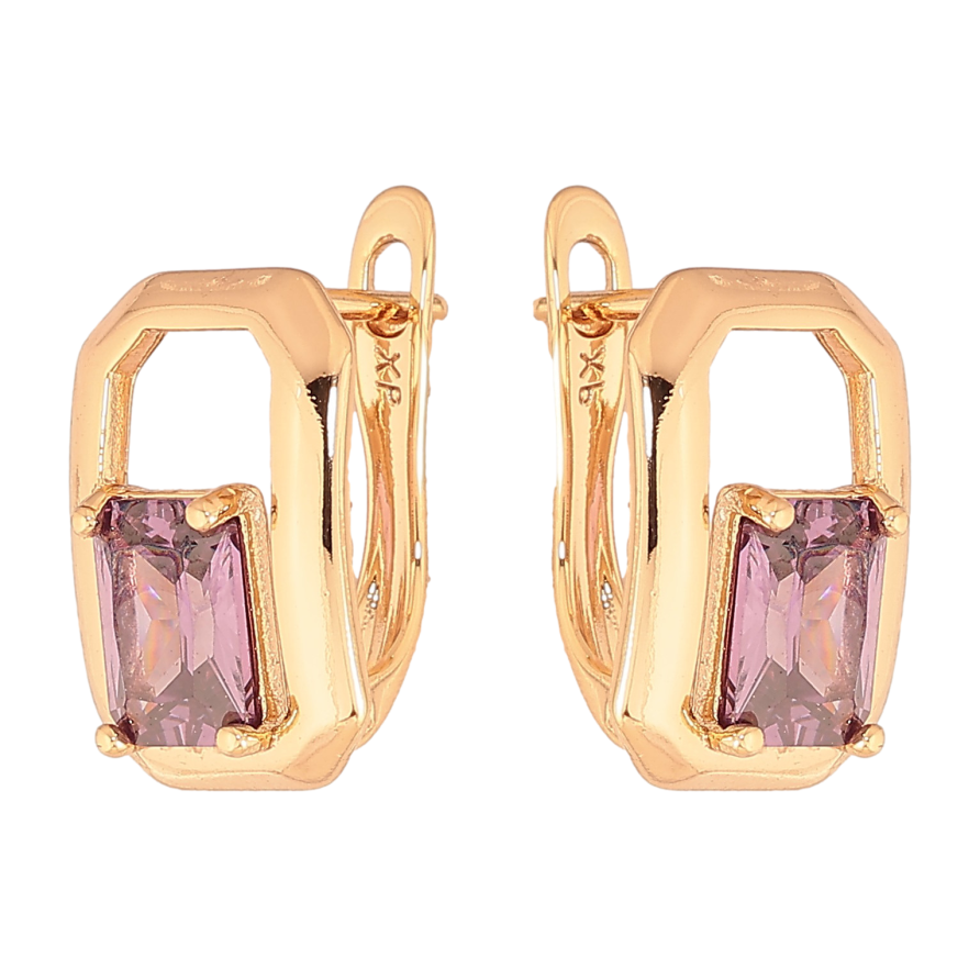Серьги Xuping цвет Позолота 18К английский замок "Узор с сиреневыми кристаллами" фото №1