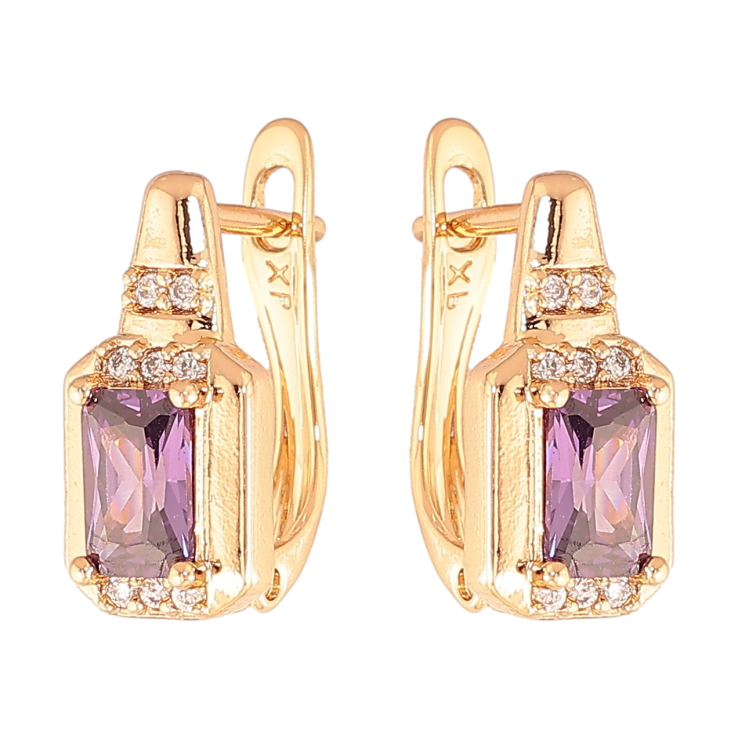 Сережки Xuping колір Позолота 18K англійський замок "Візерунок з бузковими кристалами" фото №12