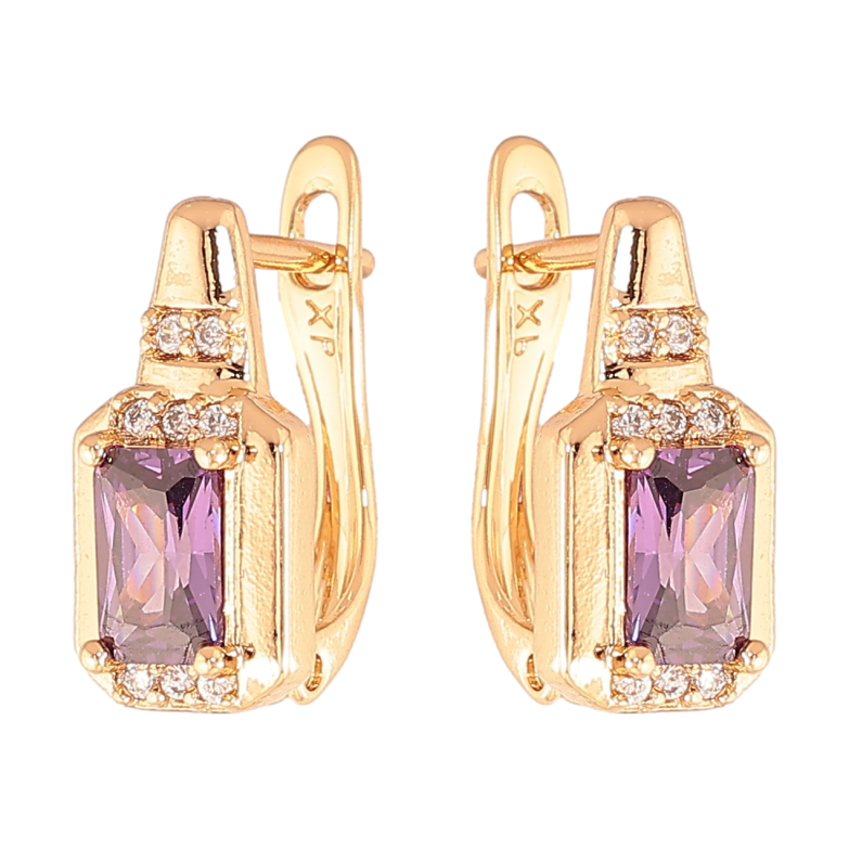 Сережки Xuping колір Позолота 18K англійський замок "Візерунок з бузковими кристалами" фото №1