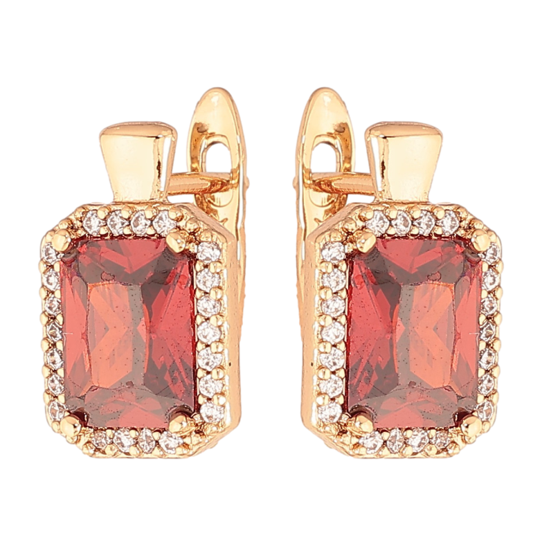 Серьги Xuping цвет Позолота 18K английский замок "Красные кристаллы в обрамлении" фото №1