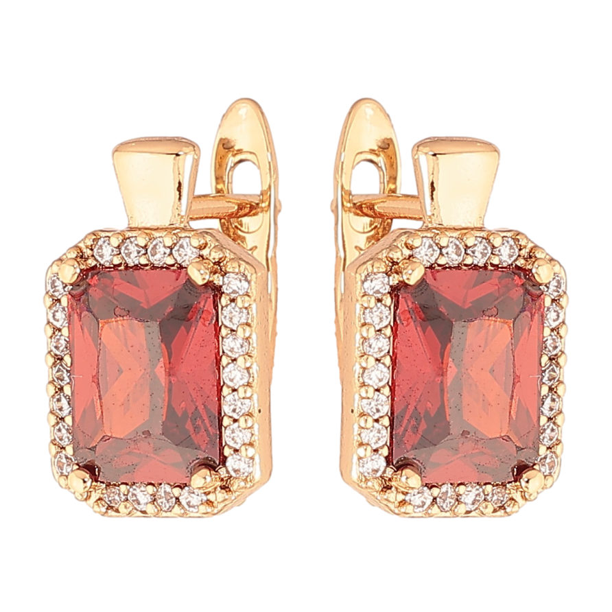 Серьги Xuping цвет Позолота 18K английский замок "Красные кристаллы в обрамлении" фото №1