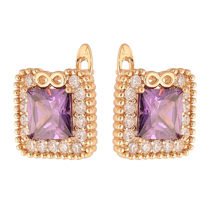 Сережки Xuping колір Позолота 18K англійський замок "Бузкові кристали в обрамленні" фото №4