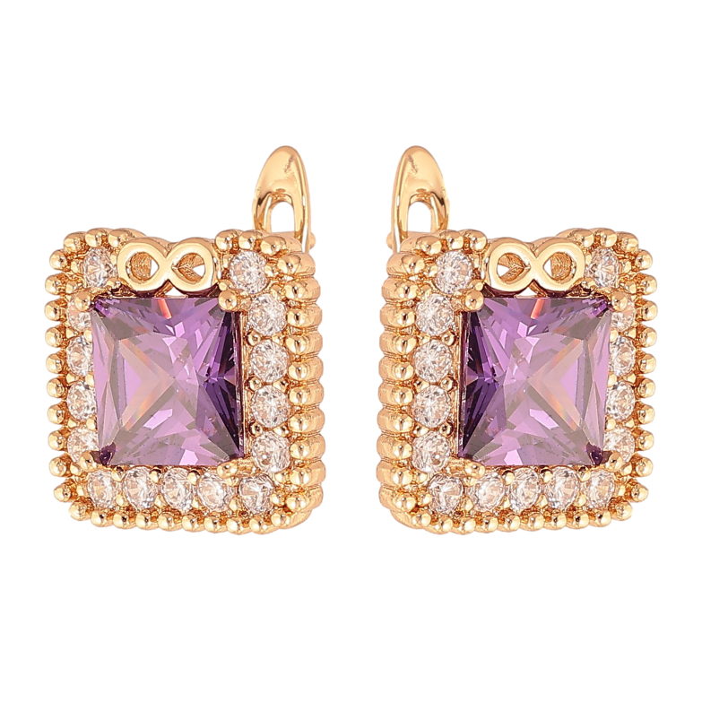 Сережки Xuping колір Позолота 18K англійський замок "Бузкові кристали в обрамленні" фото №1