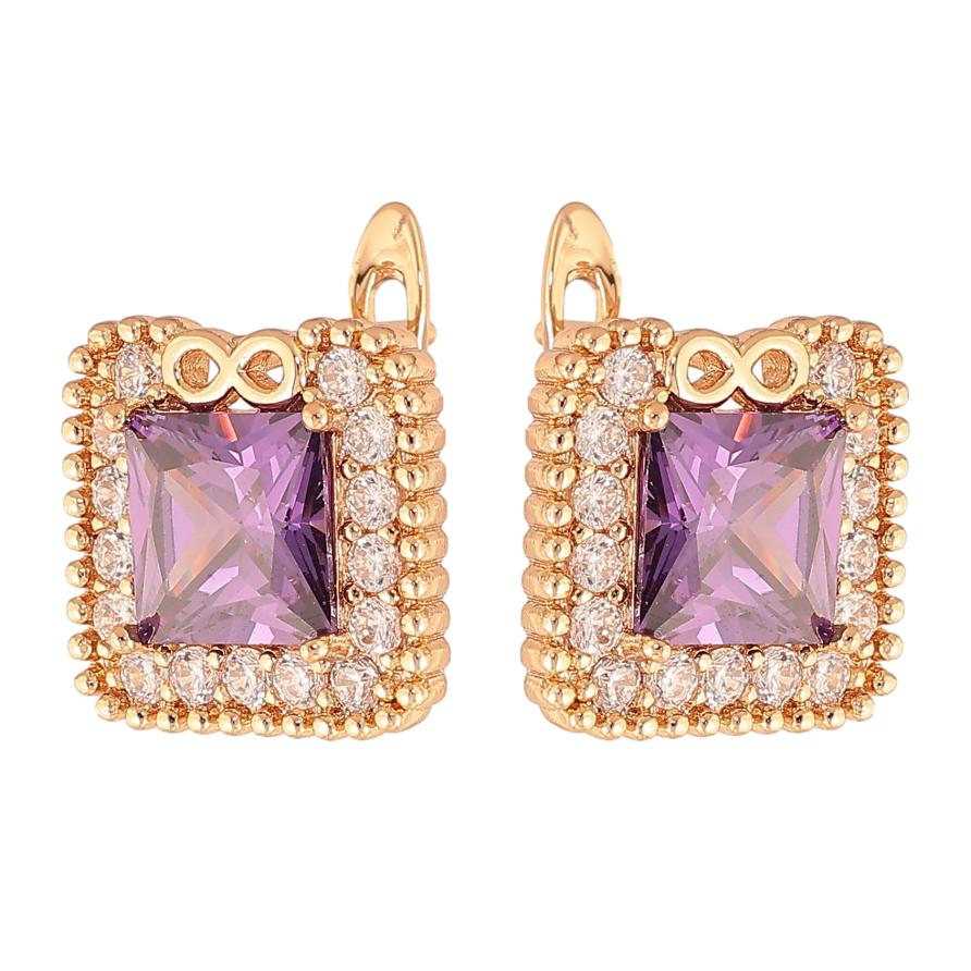 Сережки Xuping колір Позолота 18K англійський замок "Бузкові кристали в обрамленні" фото №1