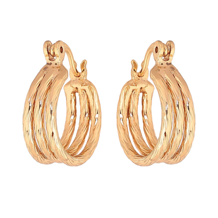 Сережки Xuping колір Позолота 18K кільця (конго) "Потрійні з візерунком" ø 1.5см фото №17 Сережки Xuping колір Позолота 18K кільця (конго) "Потрійні з візерунком" ø 1.5см фото №17