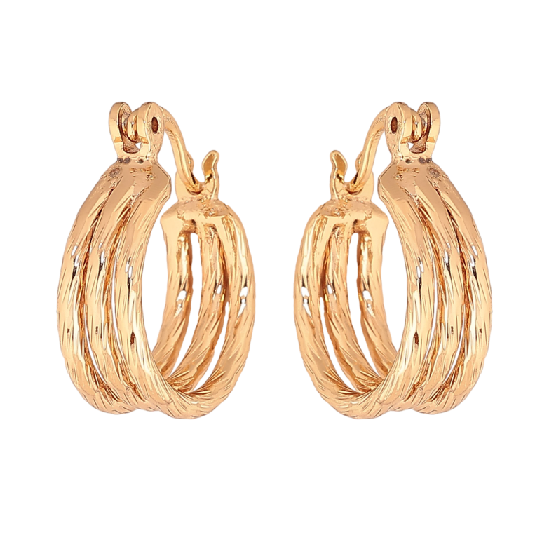 Сережки Xuping колір Позолота 18K кільця (конго) "Потрійні з візерунком" ø 1.5см фото №2 Сережки Xuping колір Позолота 18K кільця (конго) "Потрійні з візерунком" ø 1.5см фото №2