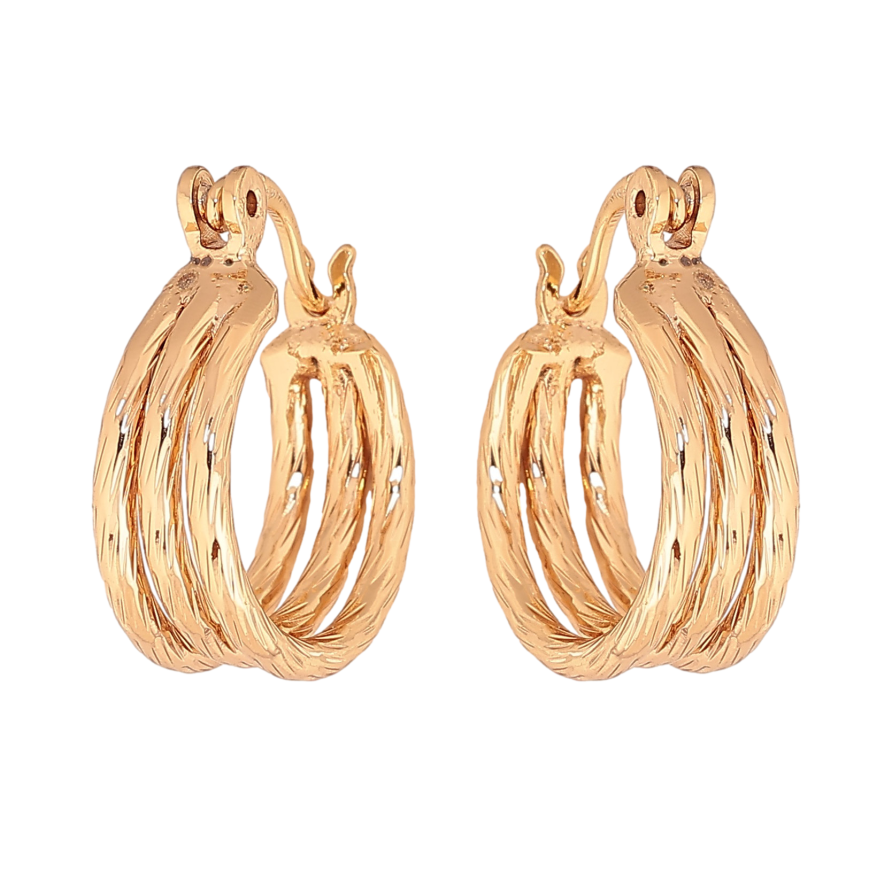 Сережки Xuping колір Позолота 18K кільця (конго) "Потрійні з візерунком" ø 1.5см фото №1 Сережки Xuping колір Позолота 18K кільця (конго) "Потрійні з візерунком" ø 1.5см фото №1