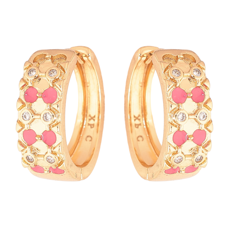 Серьги Xuping цвет Позолота 18К колечки "Узор с кристаллами и розовой эмалью" фото №1