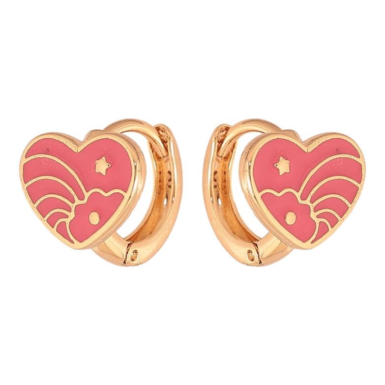 Сережки Xuping колір Позолота 18К колечка "Сердечки з візерунком рожевою емаллю" фото №1
