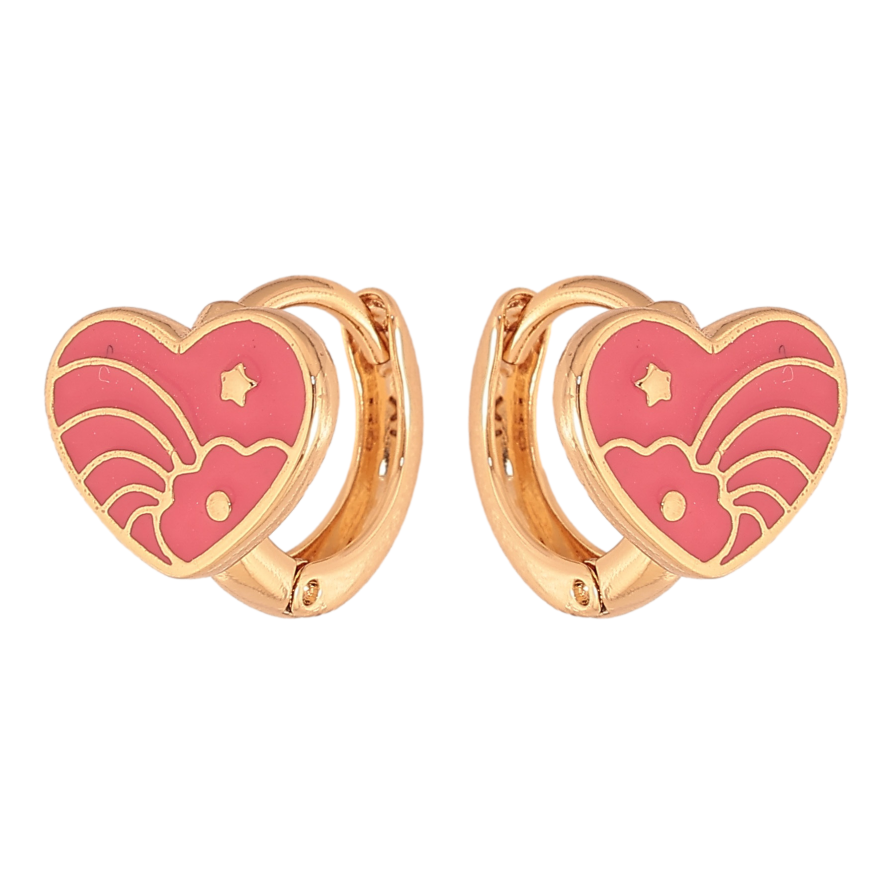 Серьги Xuping цвет Позолота 18К колечки "Сердечки с узором розовой эмалью" фото №1