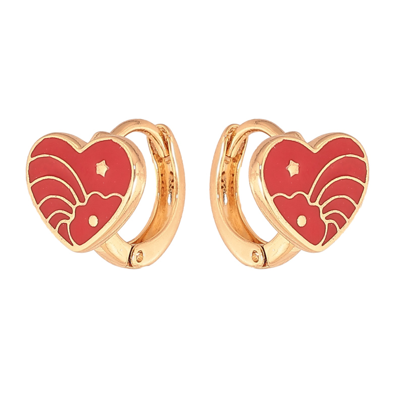 Сережки Xuping колір Позолота 18К колечка "Сердечки з візерунком червоною емаллю" фото №1 Сережки Xuping колір Позолота 18К колечка "Сердечки з візерунком червоною емаллю" фото №1