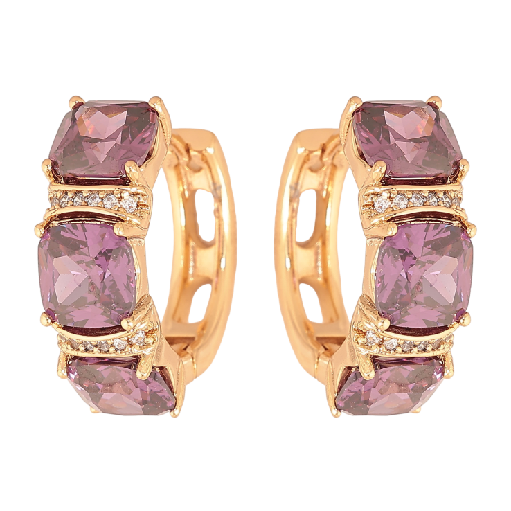 Серьги Xuping цвет Позолота 18К колечки "Узор с сиреневыми кристаллами" фото №4
