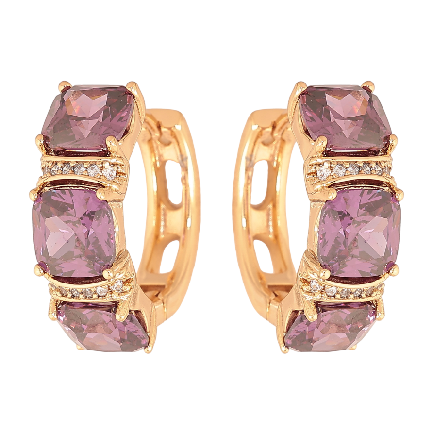 Серьги Xuping цвет Позолота 18К колечки "Узор с сиреневыми кристаллами" фото №1