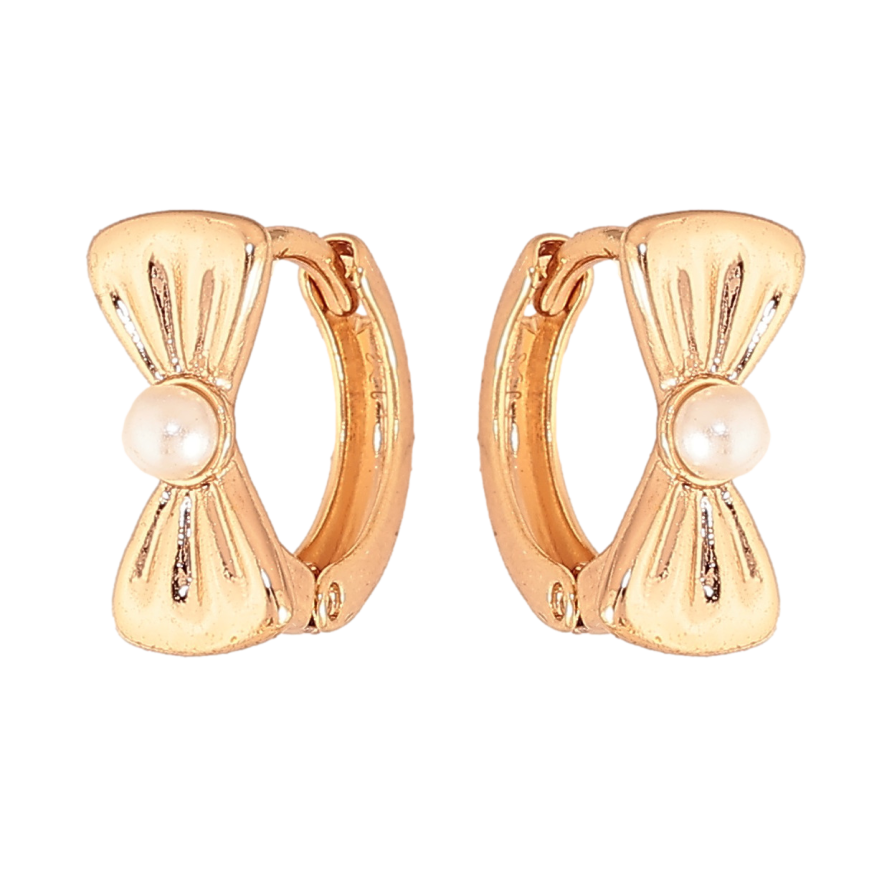 Серьги Xuping цвет Позолота 18К колечки "Бантики с жемчужинами" фото №1