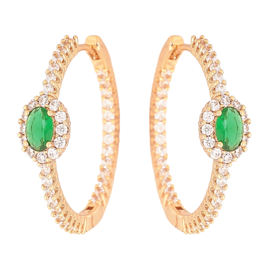 Серьги Xuping цвет Позолота 18К колечки "Узор с зелеными кристаллами" фото №1