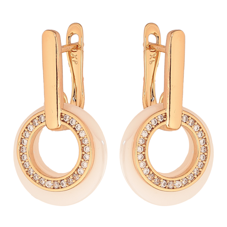 Серьги Xuping цвет Позолота 18К английський замок "Колечки с белой керамики и кристаллами" фото №12