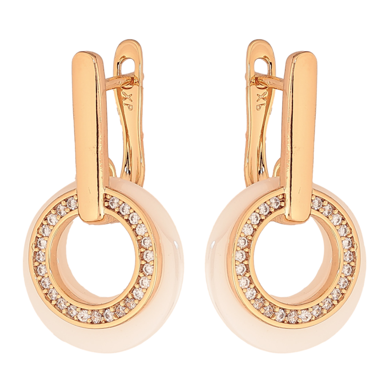 Серьги Xuping цвет Позолота 18К английський замок "Колечки с белой керамики и кристаллами" фото №1