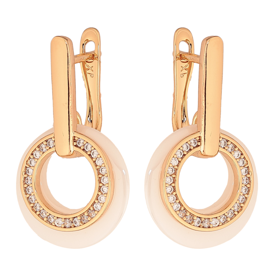 Сережки Xuping колір Позолота 18К англійський замок "Кільця з білої кераміки та кристалами" фото №1