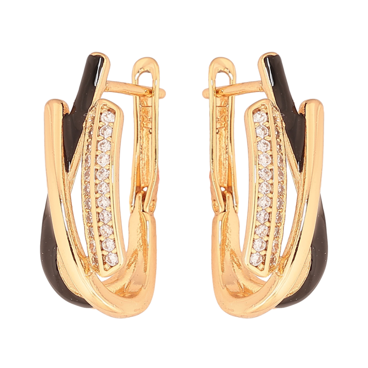 Серьги Xuping цвет Позолота 18К английський замок "Узор с кристаллами и черной эмалью" фото №18