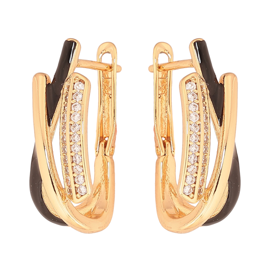 Серьги Xuping цвет Позолота 18К английський замок "Узор с кристаллами и черной эмалью" фото №1 Серьги Xuping цвет Позолота 18К английський замок "Узор с кристаллами и черной эмалью" фото №1