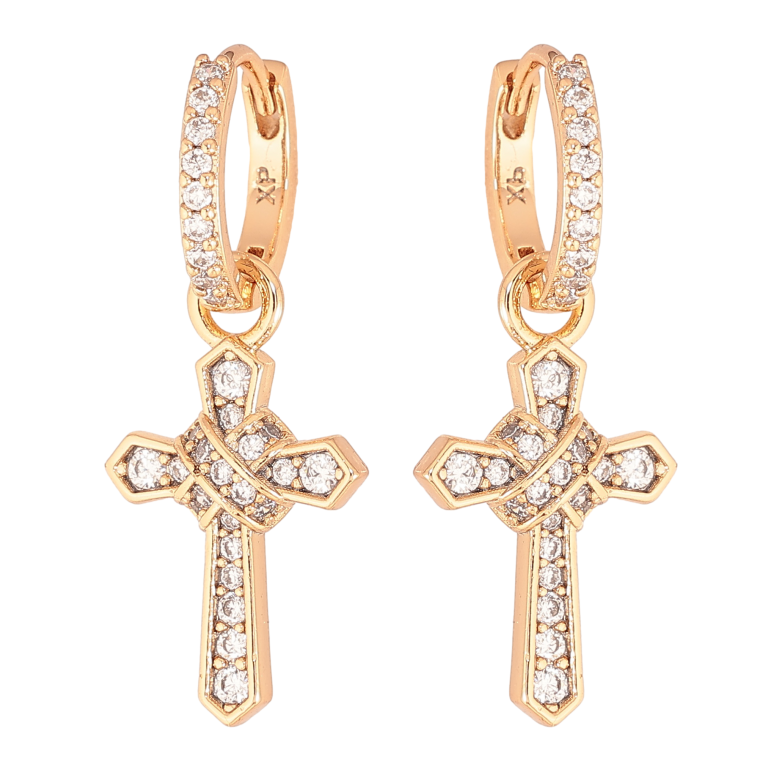 Сережки Xuping колір Позолота 18К підвіски на колечках "Хрестики з кристалами" 2 в 1 фото №9