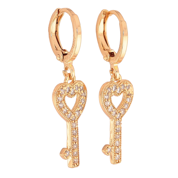 Сережки Xuping колір Позолота 18К підвіски на колечках "Ключики" на один бік, залиті камені фото №6 Сережки Xuping колір Позолота 18К підвіски на колечках "Ключики" на один бік, залиті камені фото №6