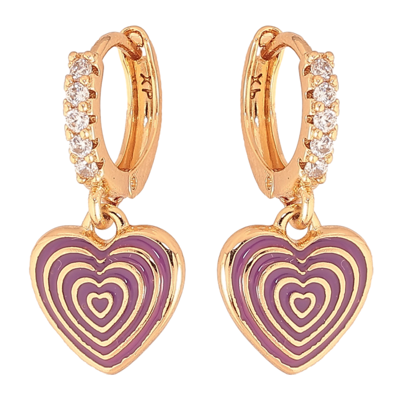 Сережки Xuping колір Позолота 18К підвіски на колечках "Сердечки з візерунком бузковою емаллю" фото №1