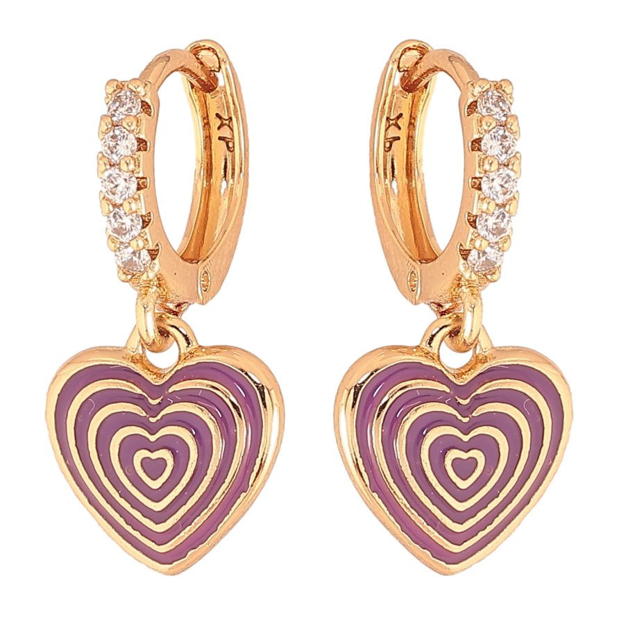 Сережки Xuping колір Позолота 18К підвіски на колечках "Сердечки з візерунком бузковою емаллю" фото №1