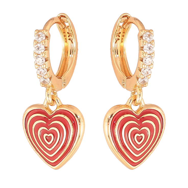Сережки Xuping колір Позолота 18К підвіски на колечках "Сердечки з візерунком червоною емаллю" фото №2 Сережки Xuping колір Позолота 18К підвіски на колечках "Сердечки з візерунком червоною емаллю" фото №2