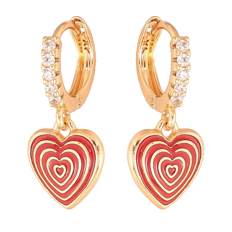 Сережки Xuping колір Позолота 18К підвіски на колечках "Сердечки з візерунком червоною емаллю" фото №1