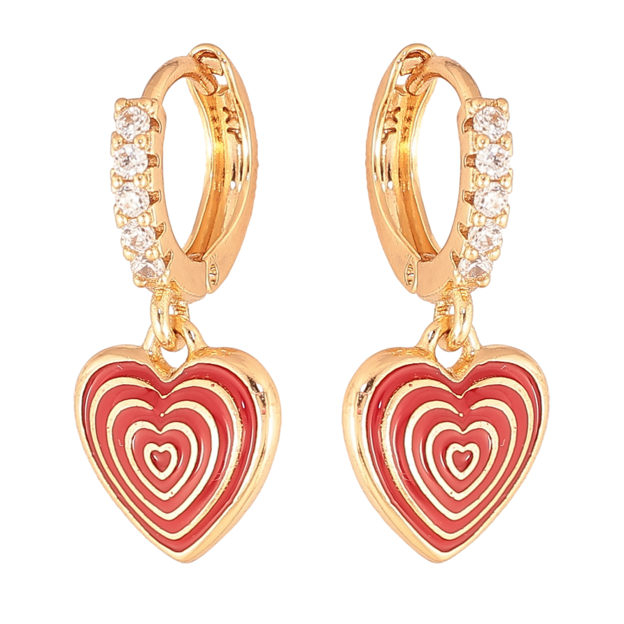 Сережки Xuping колір Позолота 18К підвіски на колечках "Сердечки з візерунком червоною емаллю" фото №1