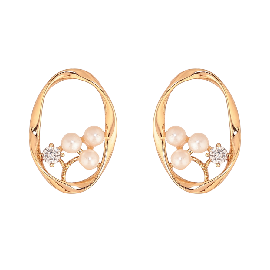 Серьги Xuping цвет Позолота 18К пусеты "Овалы с узором кристаллами и жемчужинами" фото №1