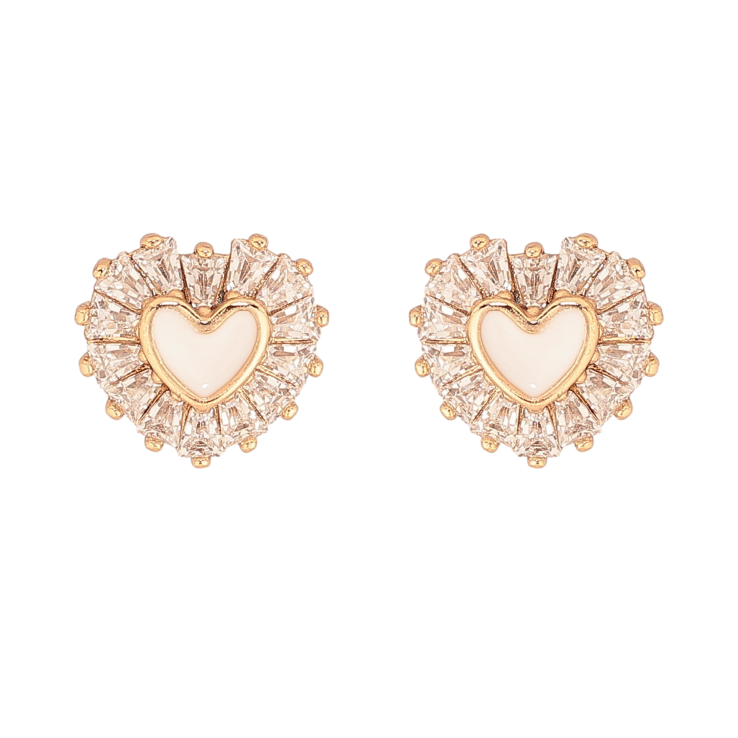 Серьги Xuping цвет Позолота 18К пусеты "Сердечки с белой эмалью и кристаллами" фото №12