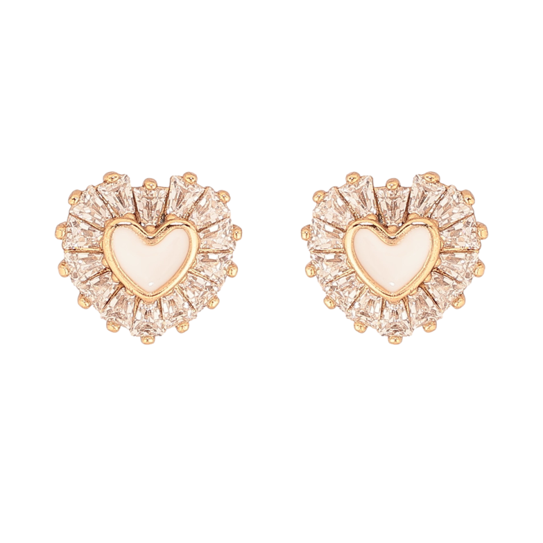 Серьги Xuping цвет Позолота 18К пусеты "Сердечки с белой эмалью и кристаллами" фото №1