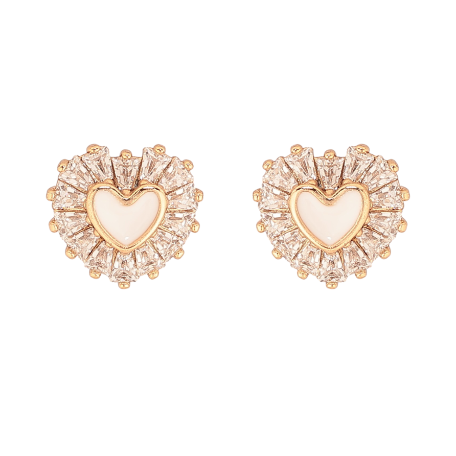 Сережки Xuping колір Позолота 18К пусети "Сердечки з білою емаллю та кристалами" фото №1