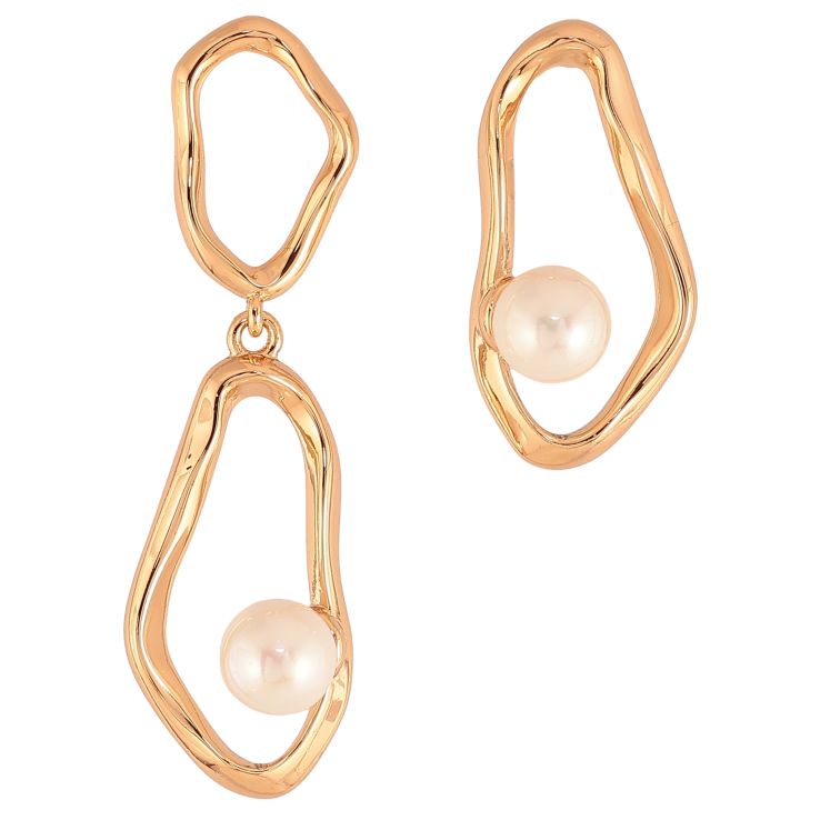 Серьги Xuping цвет Позолота 18К пусеты "Ассиметричные подвески с жемчужинами" фото №7