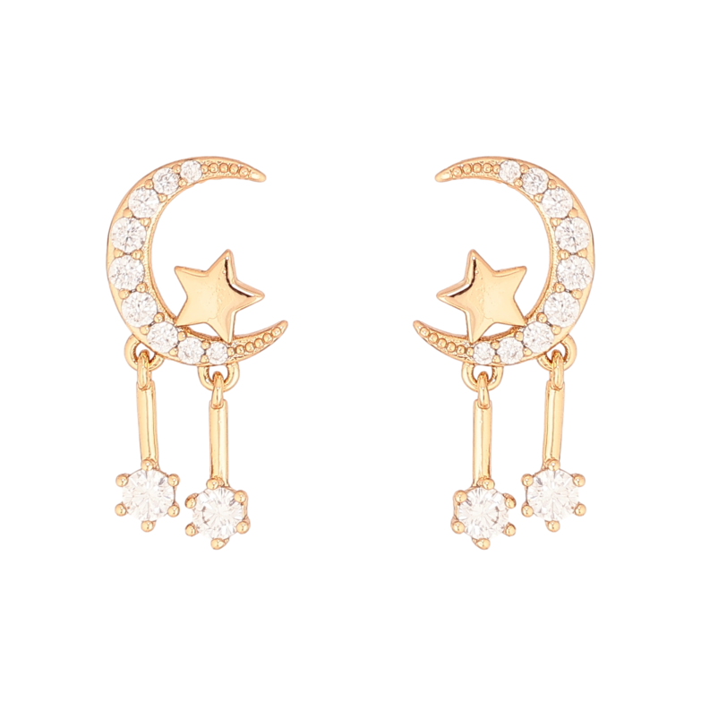 Серьги Xuping цвет Позолота 18К пусеты "Полумесяц со звездой и кристальными подвесками" фото №1