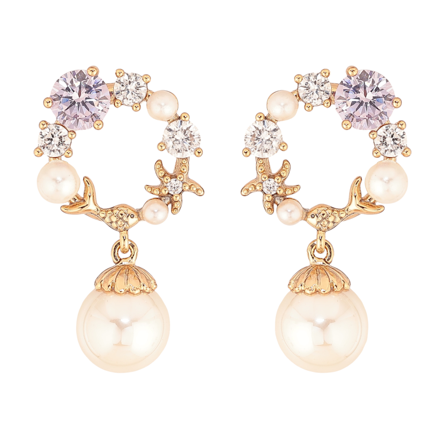 Сережки Xuping колір Позолота 18К пусети "Кристальні кільця з перлинами" фото №1