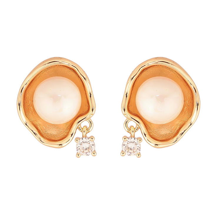 Серьги Xuping цвет Позолота 18К пусеты "Узор с жемчужинами и кристальными подвесками" фото №3