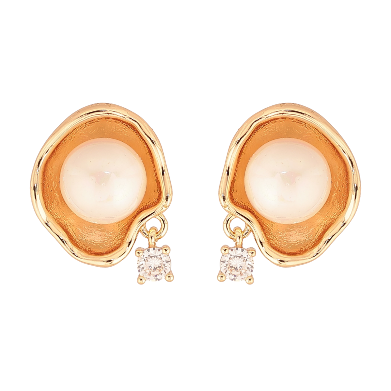 Серьги Xuping цвет Позолота 18К пусеты "Узор с жемчужинами и кристальными подвесками" фото №1