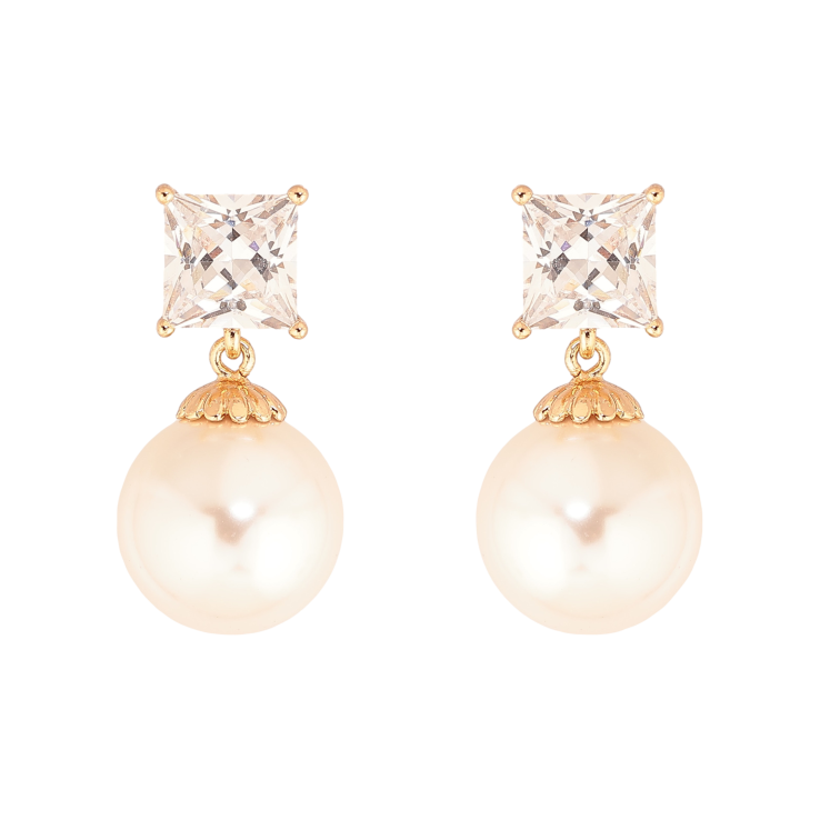Серьги Xuping цвет Позолота 18К пусеты "Кристаллы с жемчужными подвесками" фото №17