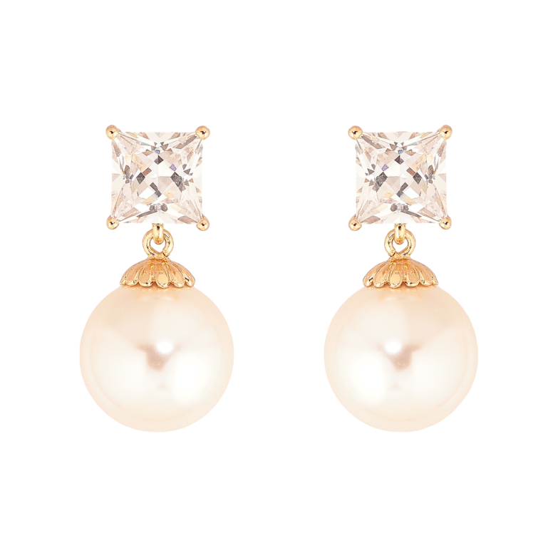 Сережки Xuping колір Позолота 18К пусети "Кристали з перлинними підвісками" фото №1 Сережки Xuping колір Позолота 18К пусети "Кристали з перлинними підвісками" фото №1