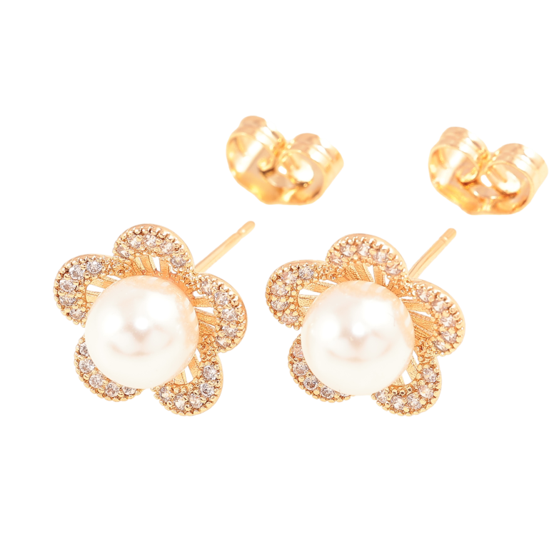 Серьги Xuping цвет Позолота 18К пусеты "Цветочки с жемчужинами и кристаллами" фото №1 Серьги Xuping цвет Позолота 18К пусеты "Цветочки с жемчужинами и кристаллами" фото №1