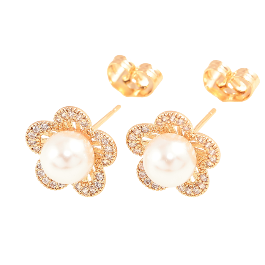 Серьги Xuping цвет Позолота 18К пусеты "Цветочки с жемчужинами и кристаллами" фото №1