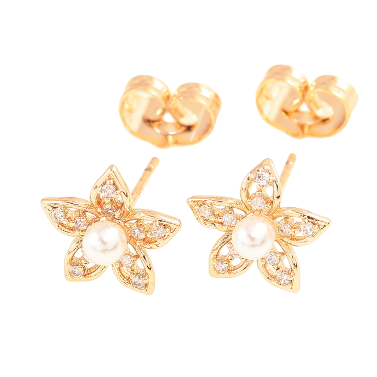 Сережки Xuping колір Позолота 18К пусети "Квіточки з кристалами та перлинами" фото №1 Сережки Xuping колір Позолота 18К пусети "Квіточки з кристалами та перлинами" фото №1